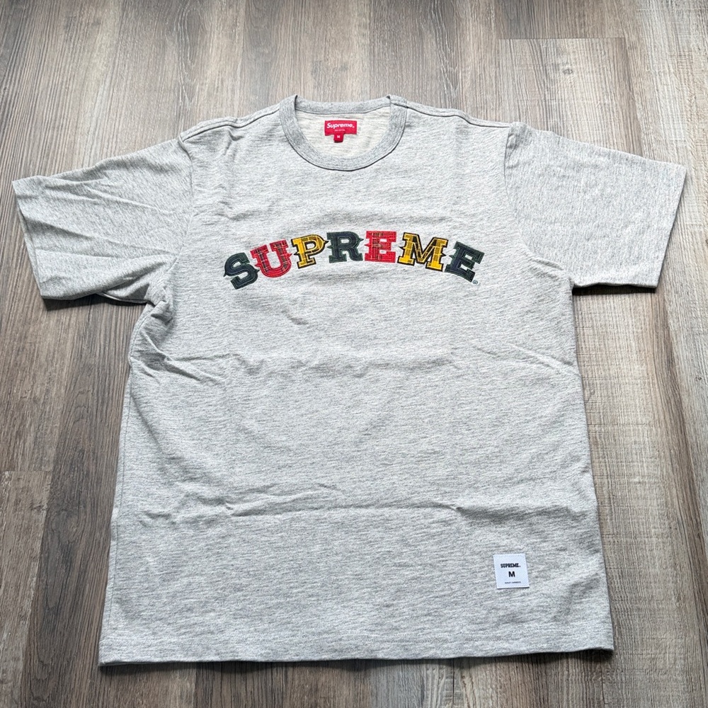 Supreme Heather Gray Tee with Colorful Plaid Lettering